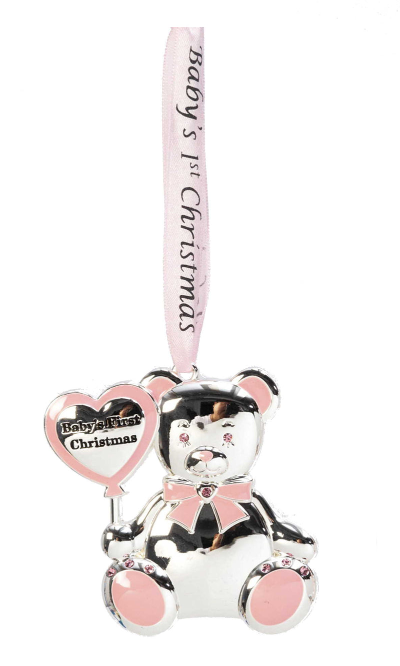 Silver Plated Baby Ornament - Pink Teddy Bear - The Country Christmas Loft