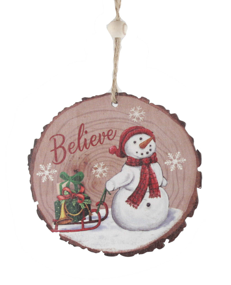 Cut Log Wooden Ornament - Snowman Believe - The Country Christmas Loft