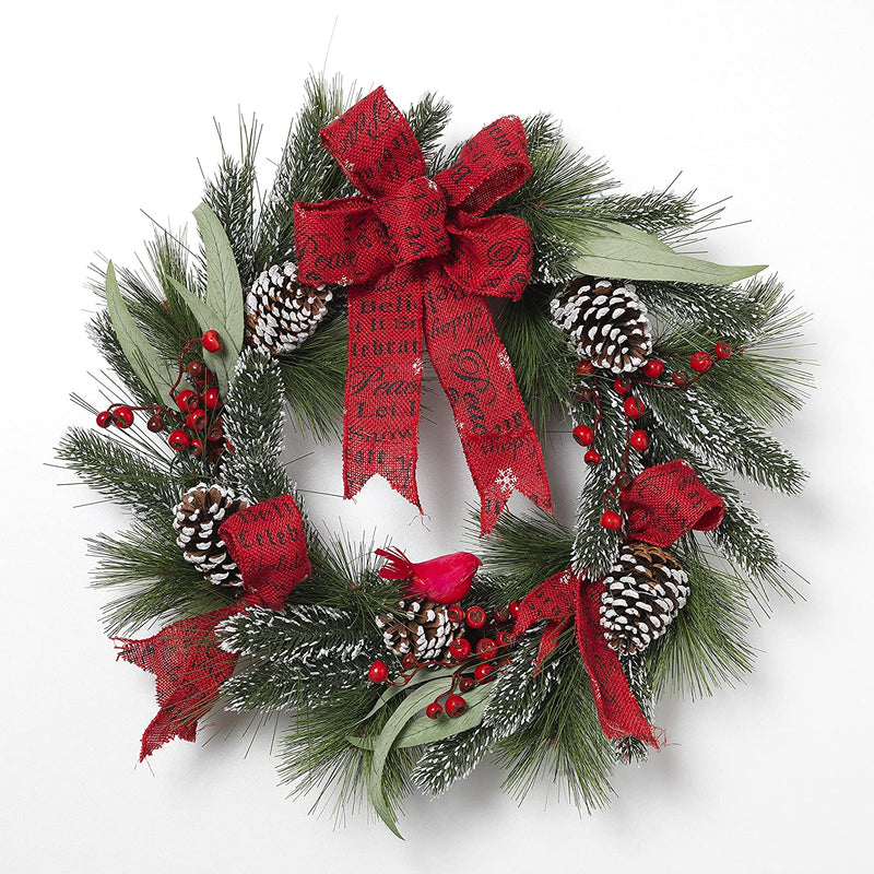 24-Inch Holiday Mixed Flocked Pine Wreath with Berry Clusters and Burlap Ribbon - The Country Christmas Loft