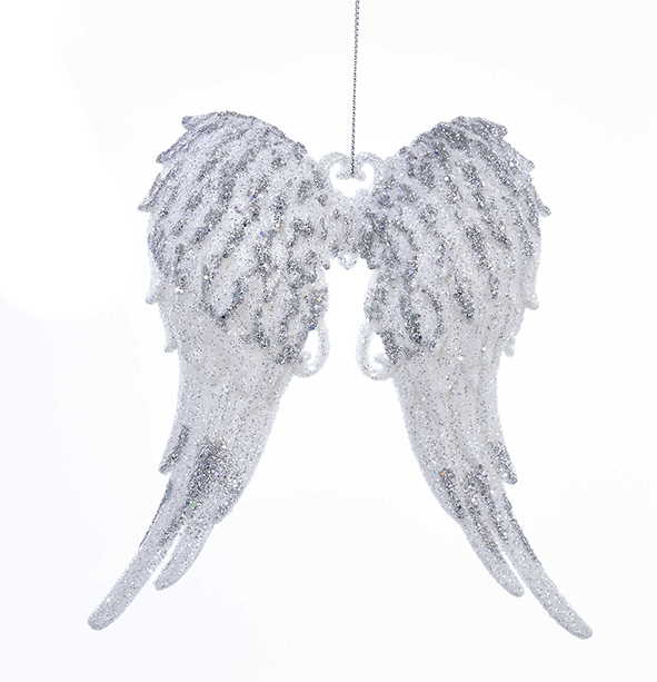White With Silver Glitter Angel Wings Acrylic Ornament - Dark - The Country Christmas Loft