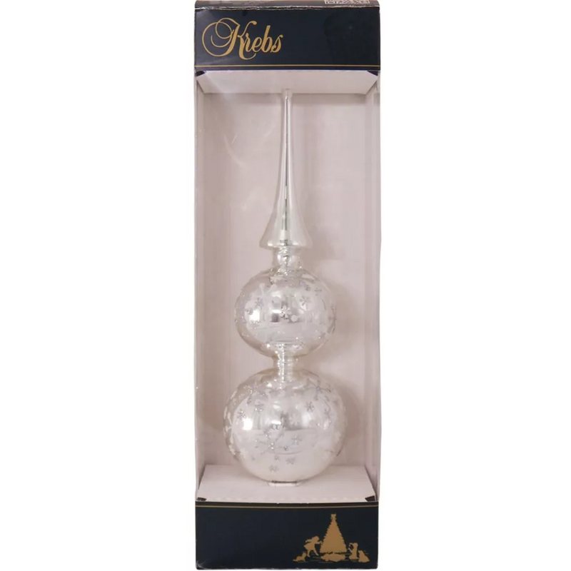 Glass 13 Inch Treetop Finial - Shiny Silver with Glitterlace - The Country Christmas Loft
