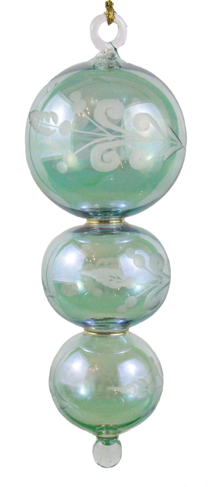 Mid Size Crystal 3 Section Ball with Gold Etching Ornament - Green