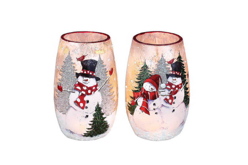 Cardinal and Snowman Lighted Jar with Ribbon -