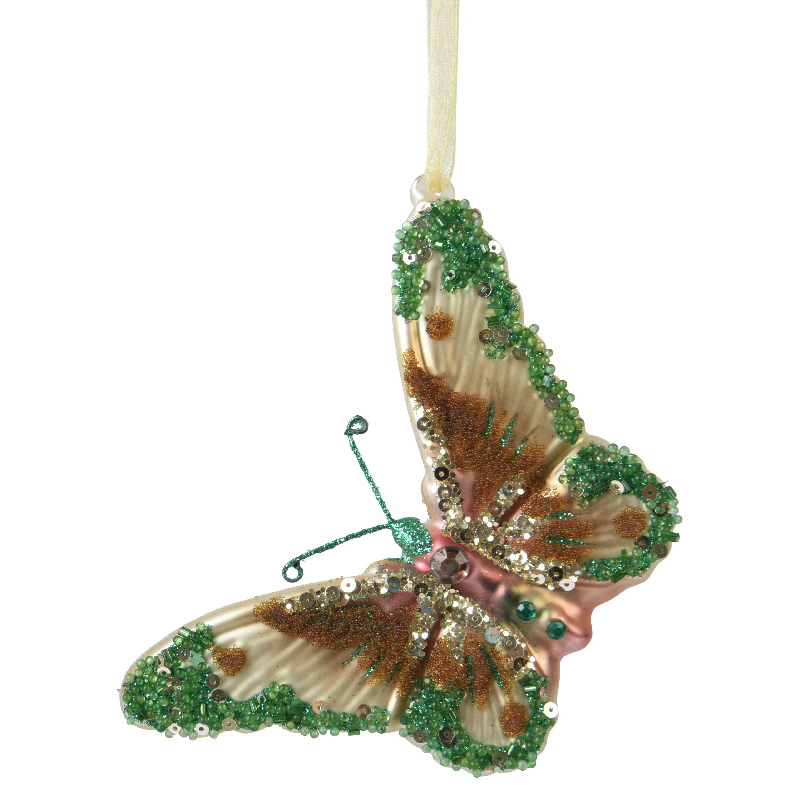 Glass Butterfly Ornament - Green and Yellow