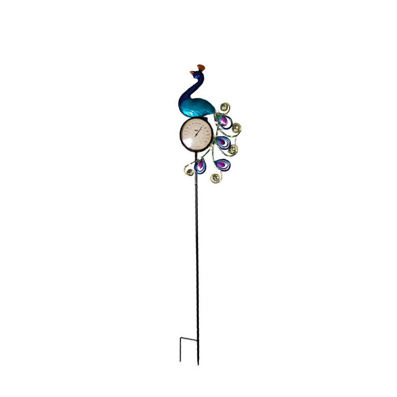 Solar Lighted Metal Peacock Yard Stake with Thermometer