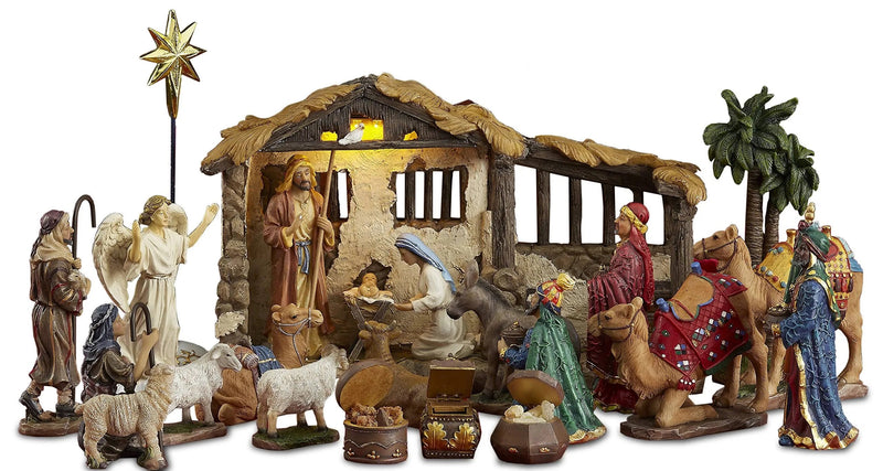 23 Piece 5 Inch Real Life Nativity Set - Includes All People, Lighted Manger, Chest Of Gold, Frankincense & Myrrh