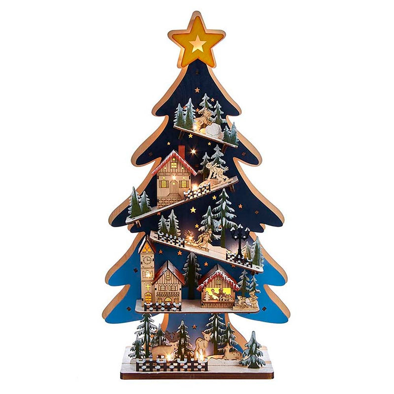Battery-Operated Light-Up LED Wooden Christmas Tree With Village Scene - The Country Christmas Loft