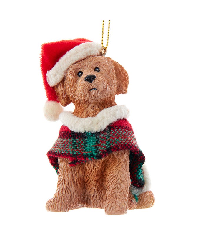 Brown Labradoodle With Plaid Coat and Santa Hat Ornament - The Country Christmas Loft