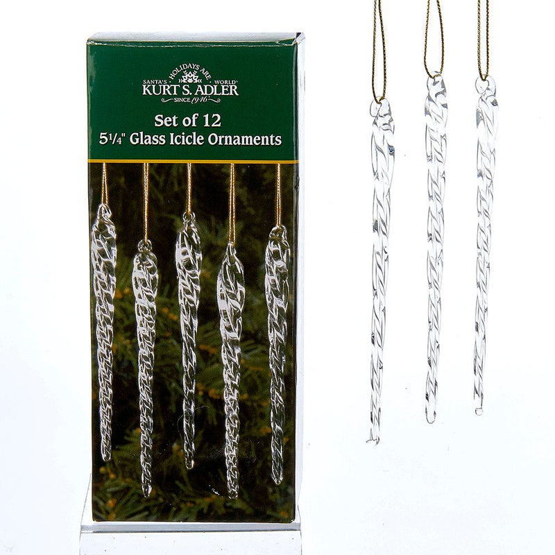 Twisted Clear Glass Icicle Ornaments- 12 Piece Box Set - The Country Christmas Loft