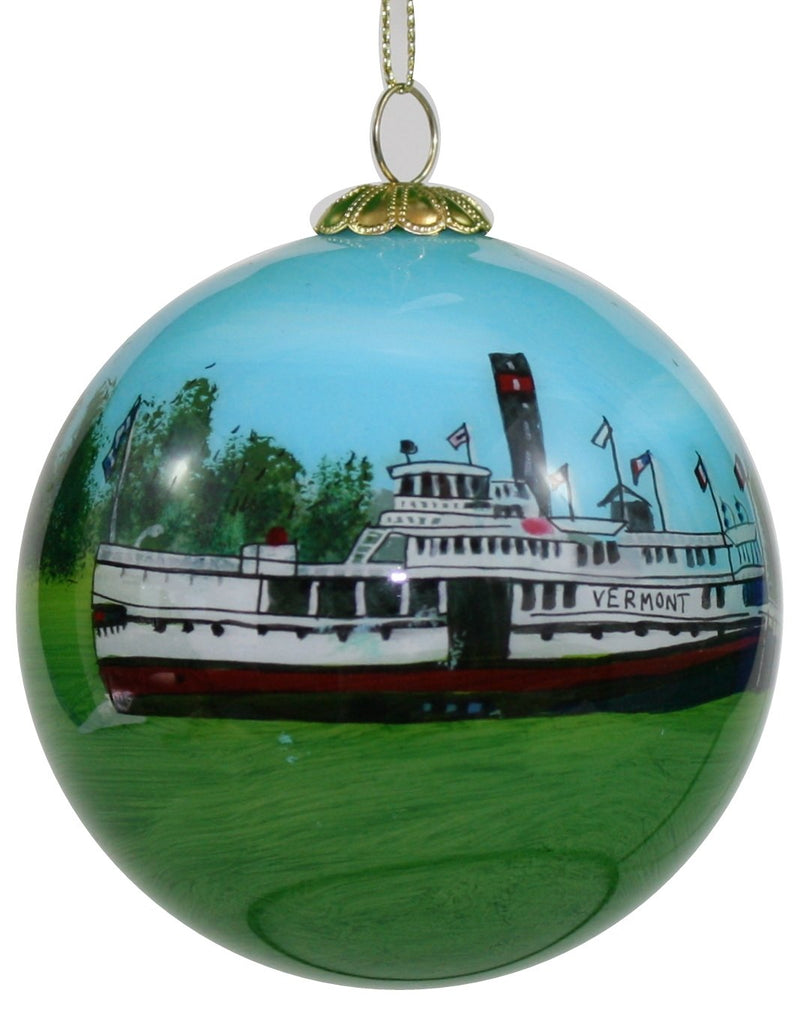 Hand Painted Glass Globe Ornament - Steamship Ticonderoga At The Shelburne Museum