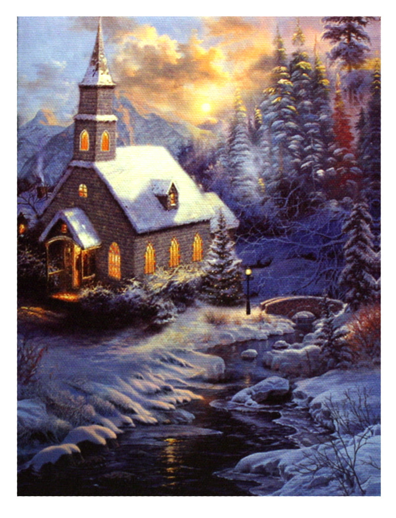 7.8" Lighted Canvas Print - Church In A Winter Sunset - The Country Christmas Loft