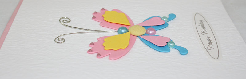 Handmade Embellished Birthday Celebration Card - Pink and Blue Butterfly