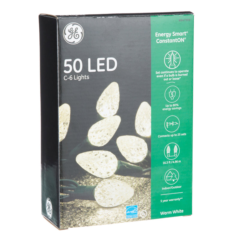 GE 50 LED C6 String Light - Warm White / Green Wire - The Country Christmas Loft