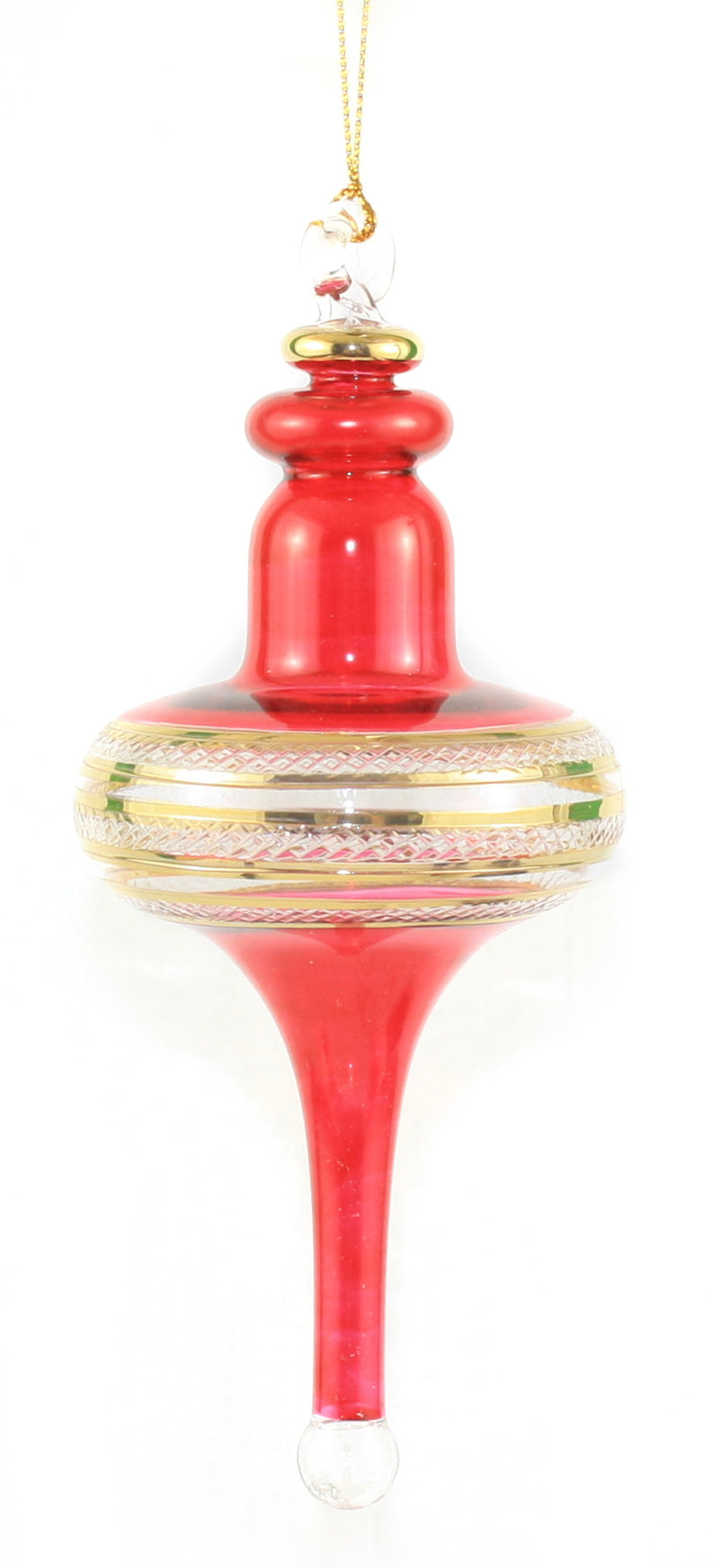 Gold Etched Finial Glass Ornament - Red