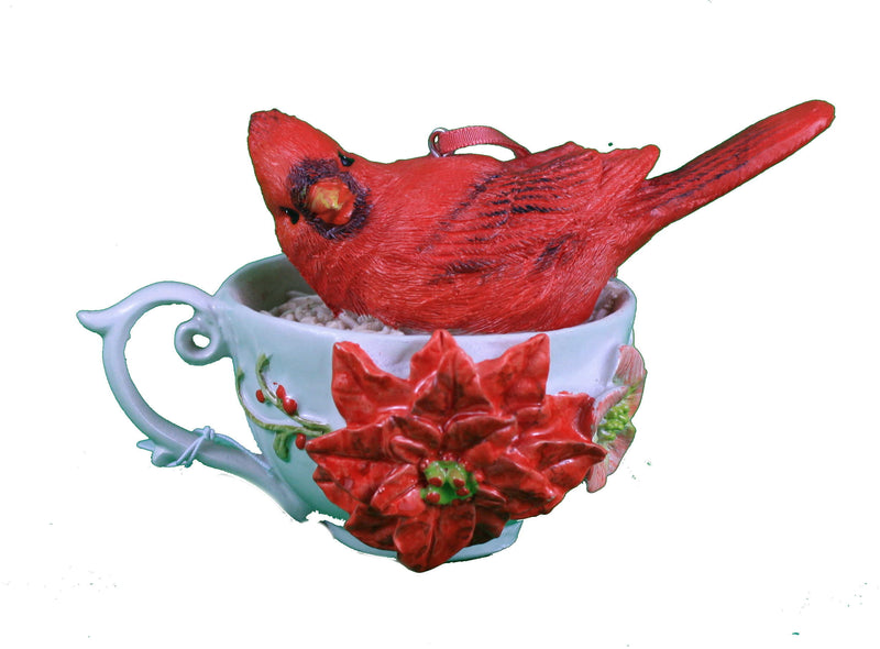 Red Tea Cup Cardinal Ornament - Left Handed - The Country Christmas Loft