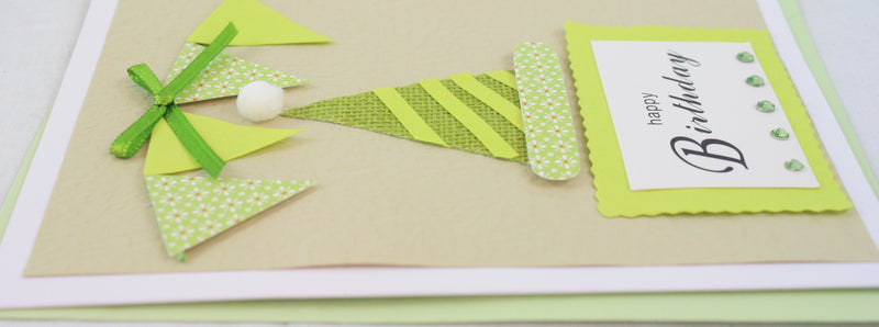 Handmade Embellished Birthday Card - Green Party Hat
