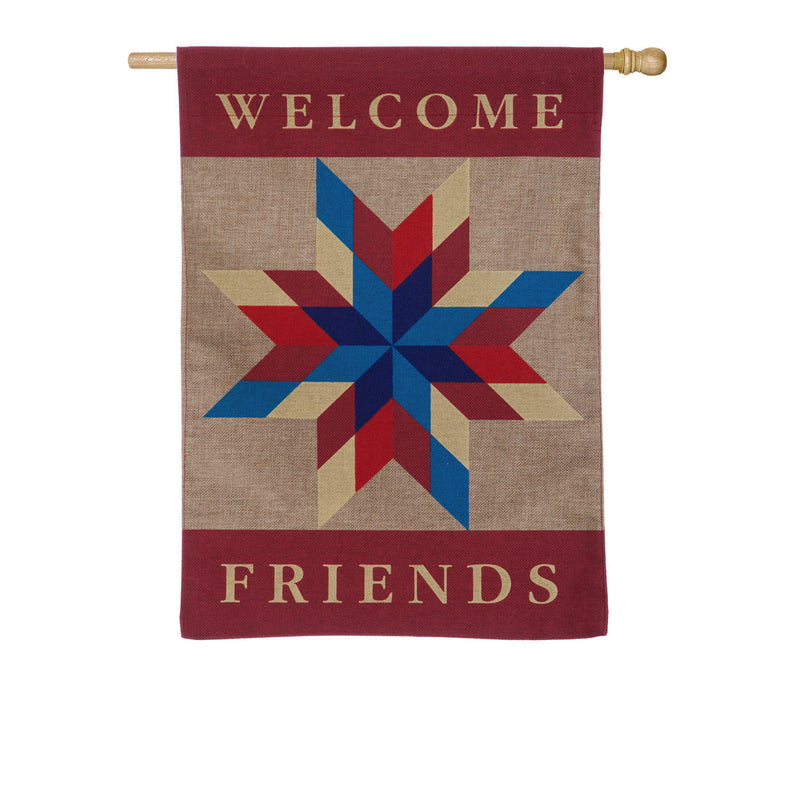 Welcome Friends Quilted Star Burlap Garden Flag - The Country Christmas Loft