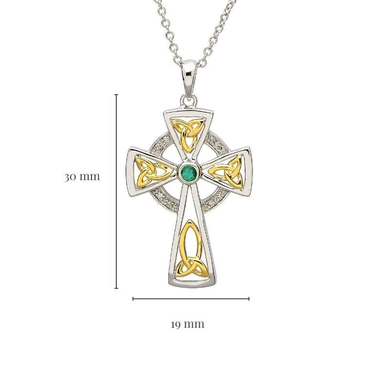 Trinity Knot Diamond And Emerald Silver Celtic Cross Pendant