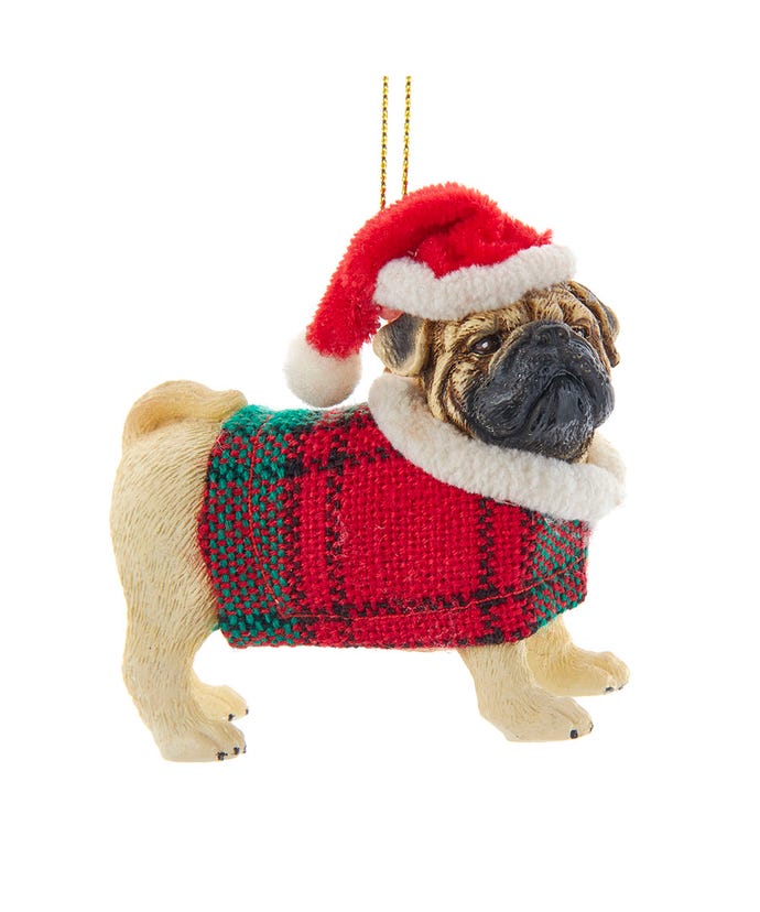 Tan Pug With Plaid Coat and Santa Hat - The Country Christmas Loft