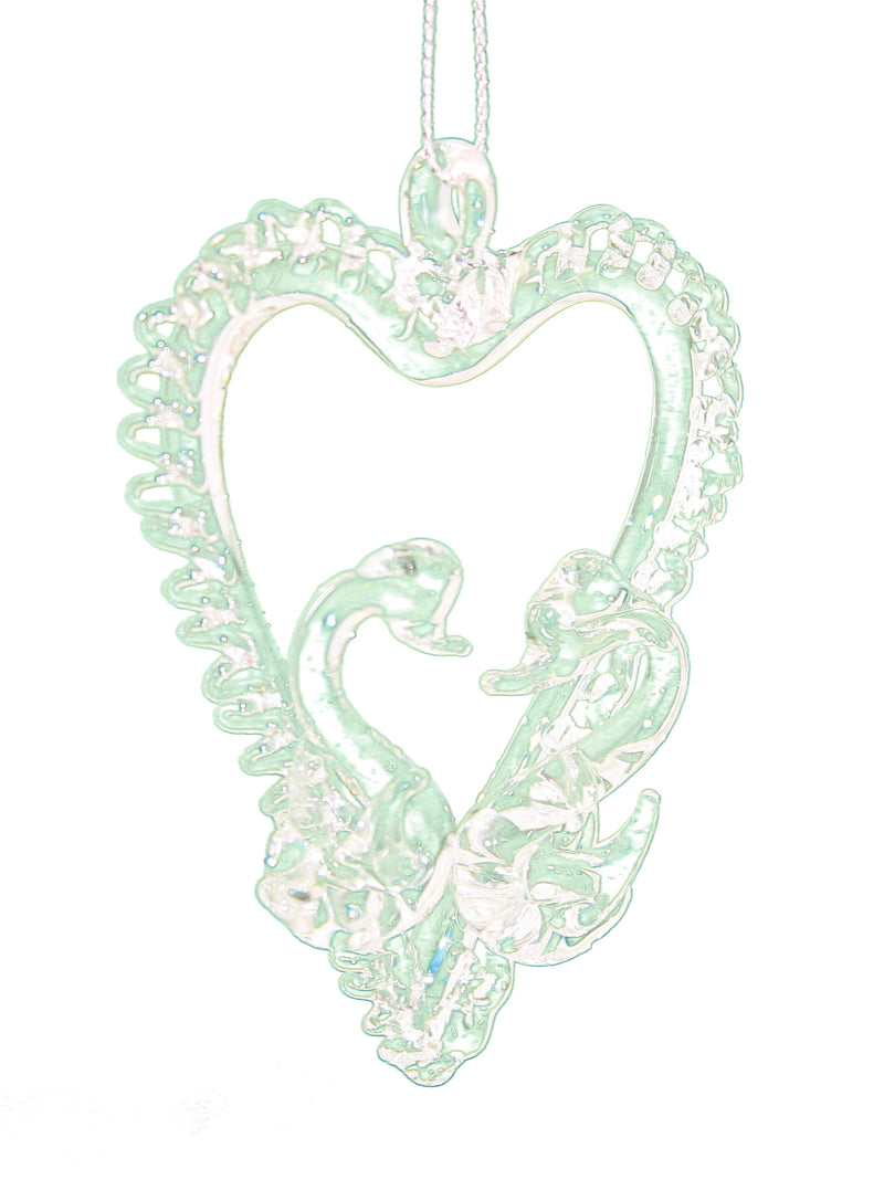 Spunglass Ornament - Clear Heart With Swans