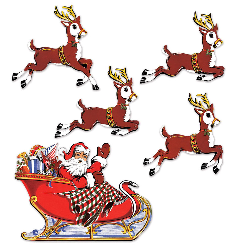 Vintage Christmas Santa Sleigh and Reindeer Cutouts - 5 Piece set