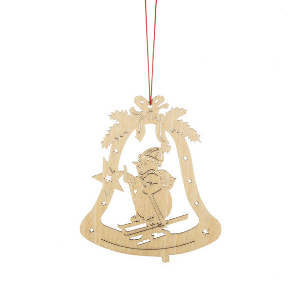 Wooden Holiday Icon Ornament - Bell - Skiing Snowman - The Country Christmas Loft