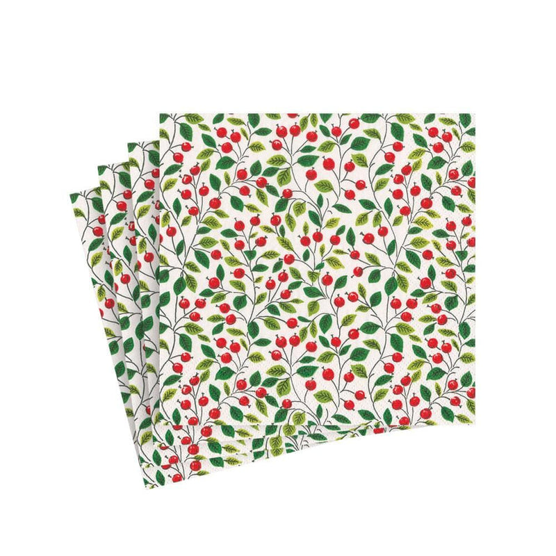 Berries and Leaves Paper Cocktail Napkins in White - The Country Christmas Loft