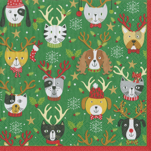 Pets In Antlers - Napkin Cocktail - The Country Christmas Loft