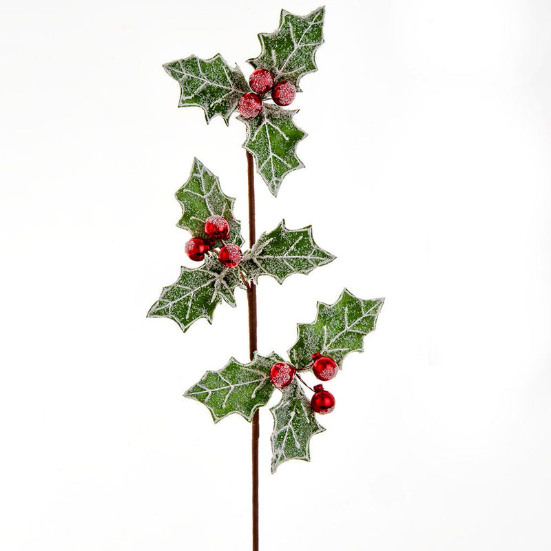 Glittered Holly With Red Berries Pick - 14 inch