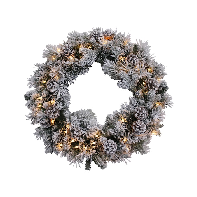 26-in Flocked Pre-lit Green Mixed Needle Artificial Christmas Wreath - The Country Christmas Loft