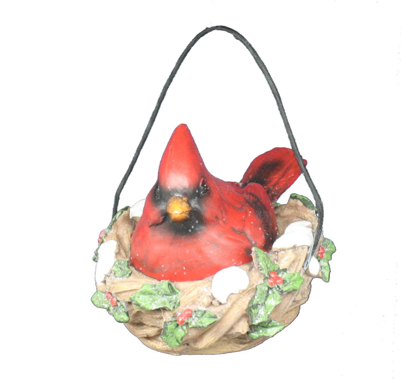 Resin Cardinal in Bird Nest With Snow and Holly