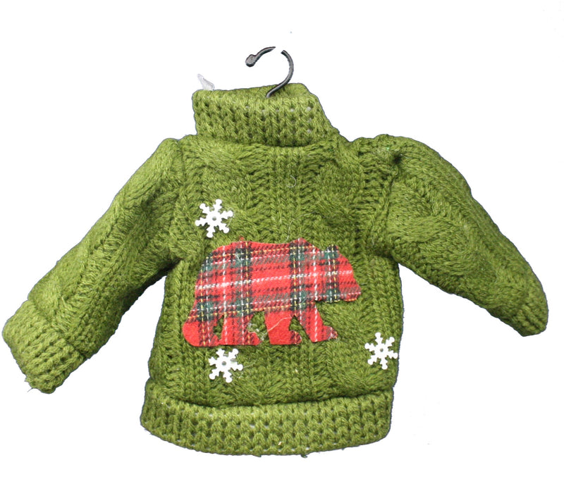 Green Knit Sweater Ornament With  Plaid Bear