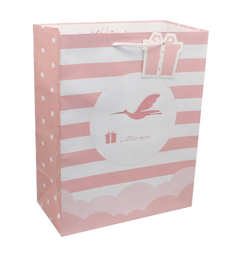 Pink and White Stork Baby Gift Bag - The Country Christmas Loft