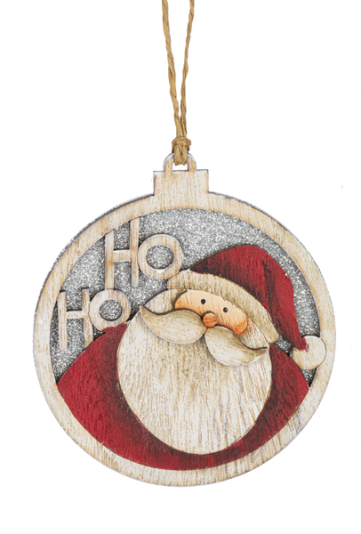 Wooden Circle Glittered Ornament - Santa Ho Ho - The Country Christmas Loft
