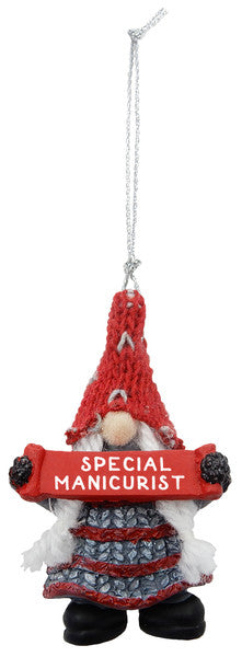 Gnome Holding Sign Ornament - Special Manicurist - The Country Christmas Loft