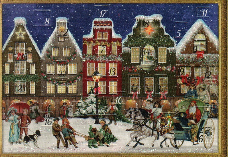 Miniature Victorian Advent Calendar Card - Victorian Street- Gold Border