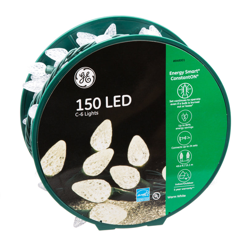 150 LED C6 String Lights on Spool - Warm White/Green Wire - The Country Christmas Loft