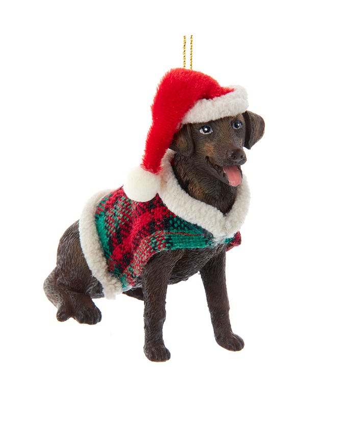 Chocolate Brown Labrador With Plaid Coat and Santa Hat Ornament - The Country Christmas Loft