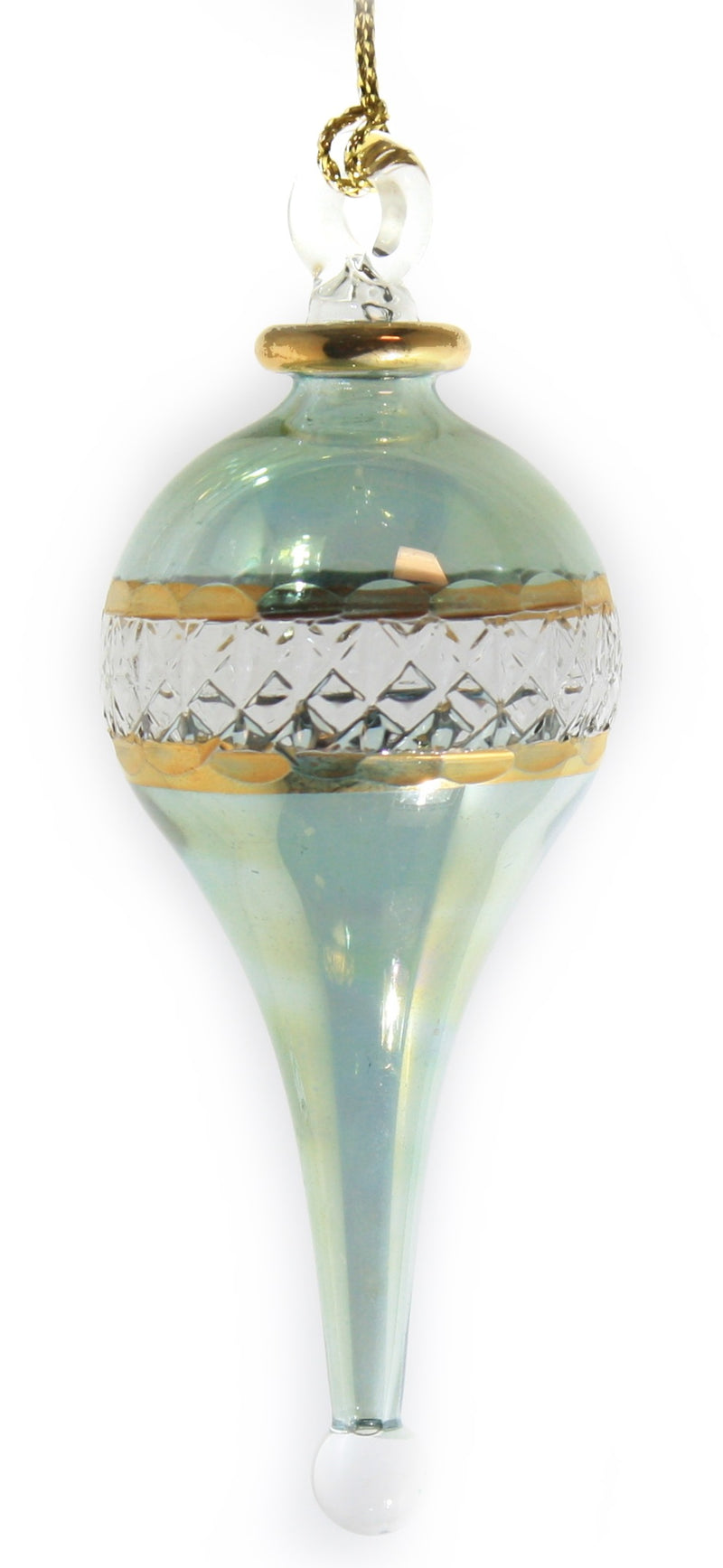 Lattice Glass Ornaments With Gold Accents - Green Stretched Teardrop