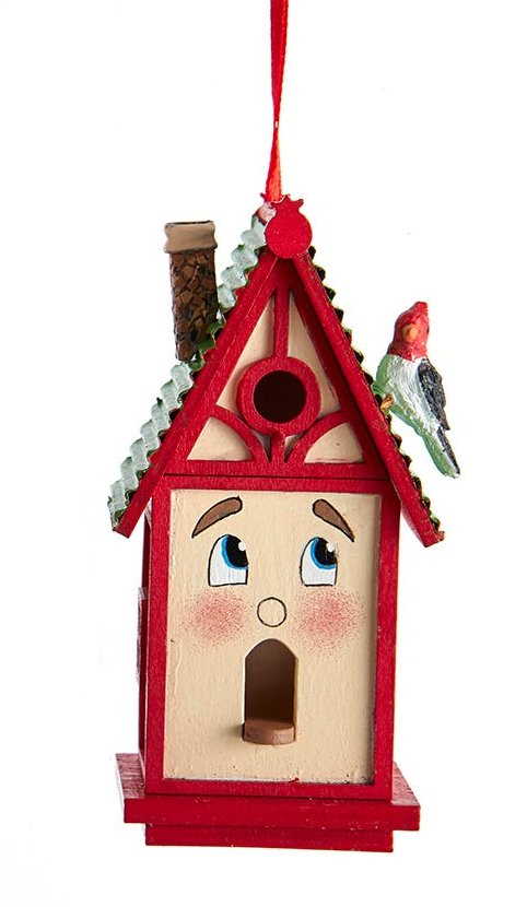 Whimsical Wooden Birdhouse Ornament - Red - The Country Christmas Loft
