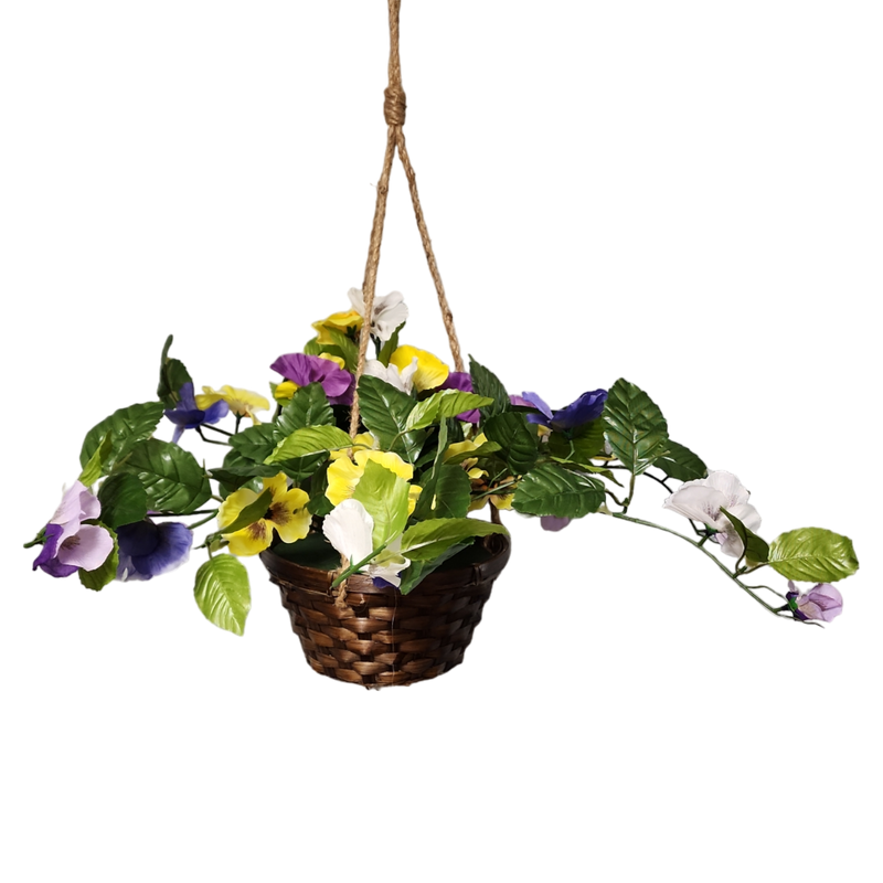 Trailing Pansy Flowers in 8" Hanging Bamboo Basket -