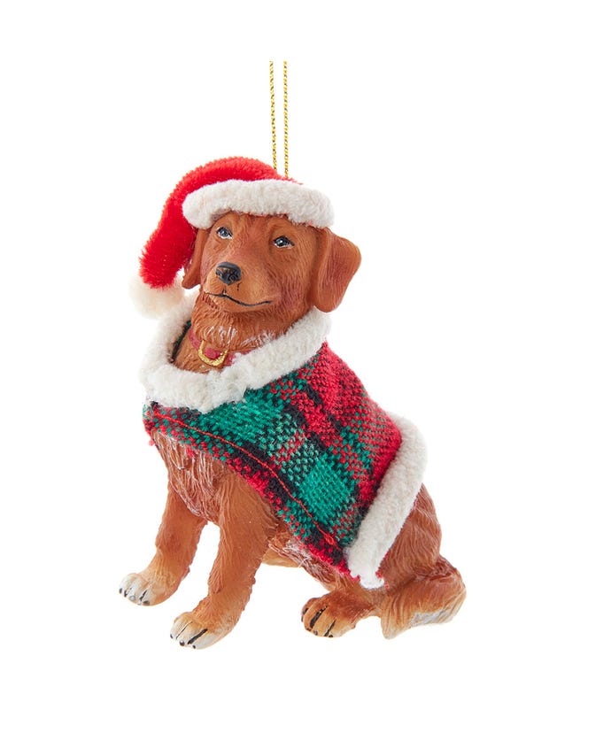 Golden Retriever With Plaid Coat and Santa Hat Ornament - The Country Christmas Loft