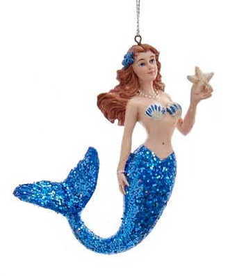 Mermaid With Glittered Tail Ornament - Blue - The Country Christmas Loft
