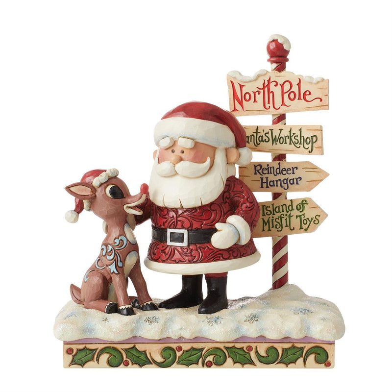 Rudolph and Santa Next to Sign Figurine
