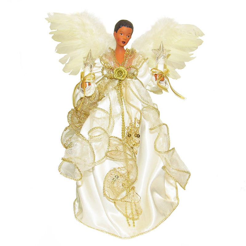 12" UL 10-Light Ivory and Gold African American Angel Treetop - The Country Christmas Loft