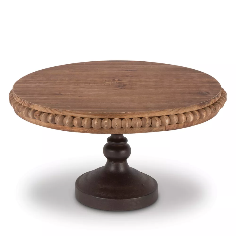 8.3-Inch Fir Wood Pedestal with Beaded Edge Accents and Brown Metal Base
