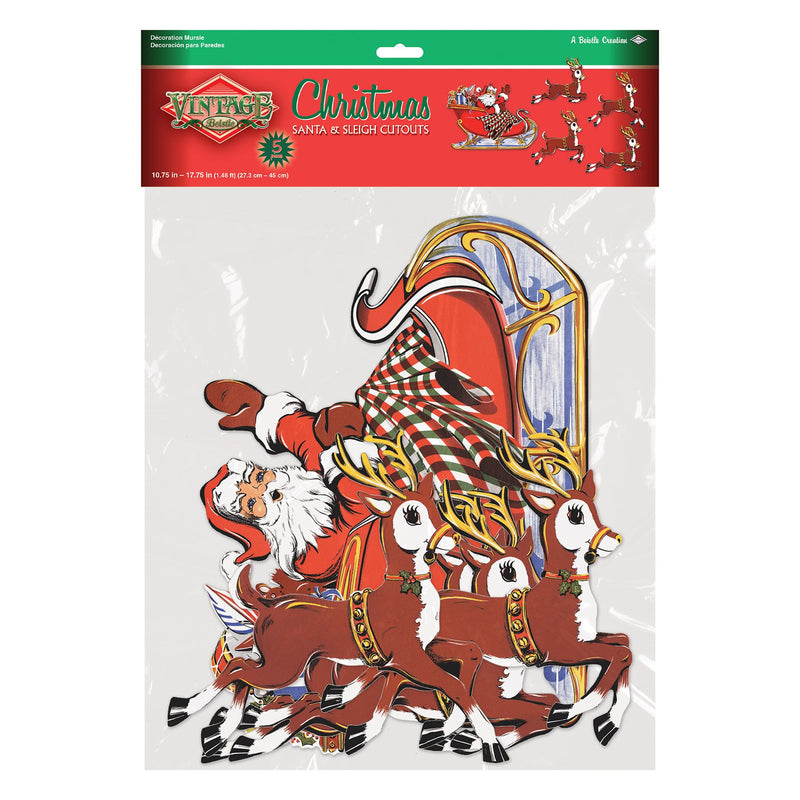 Vintage Christmas Santa Sleigh and Reindeer Cutouts - 5 Piece set