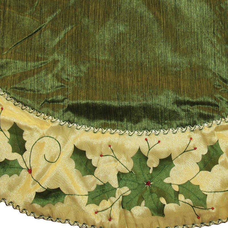 Green and Gold With Holly Leaves Embroidered Tree Skirt - The Country Christmas Loft