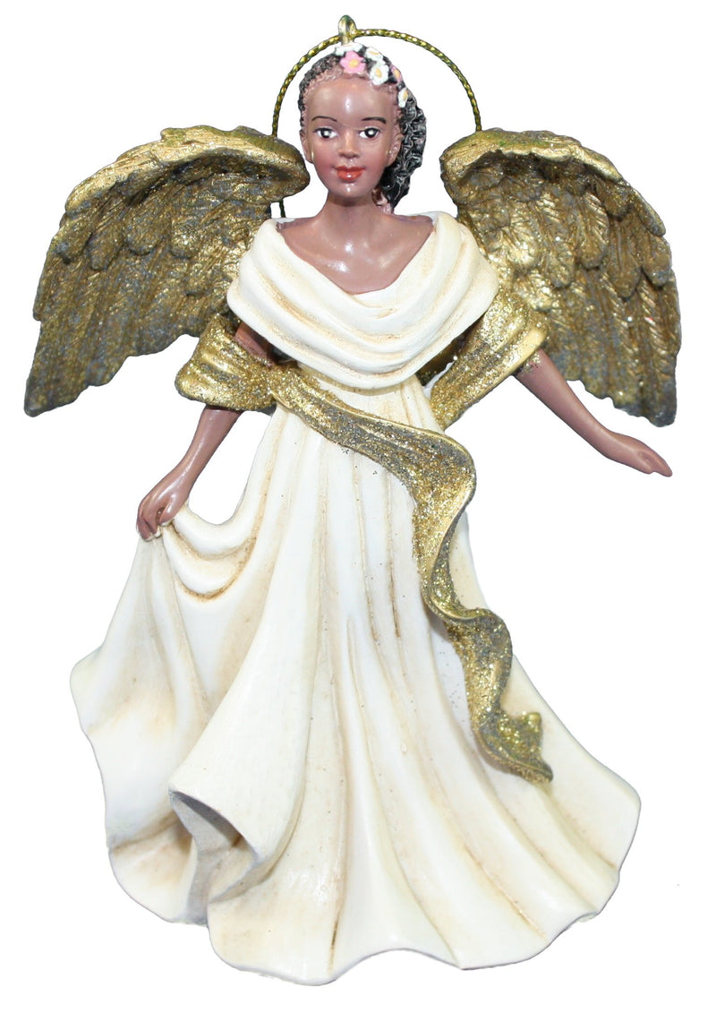 Ivory And Gold African American Angel Ornament - Hand Holding Skirt - The Country Christmas Loft