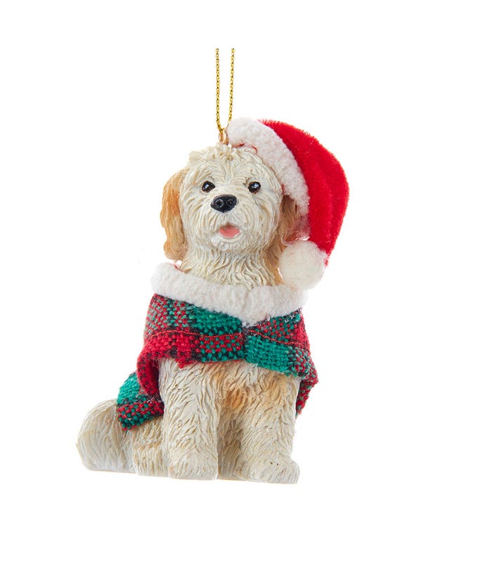 Goldendoodle With Plaid Coat and Santa Hat Ornament - The Country Christmas Loft